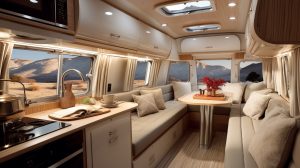 Caravan interior with cushioned bench seating, table, kitchenette, and desert views through the windows