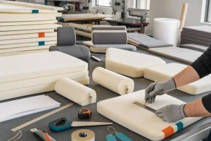 Foam workshop with caravan cushions, bolsters and foam sheets being measured and cut
