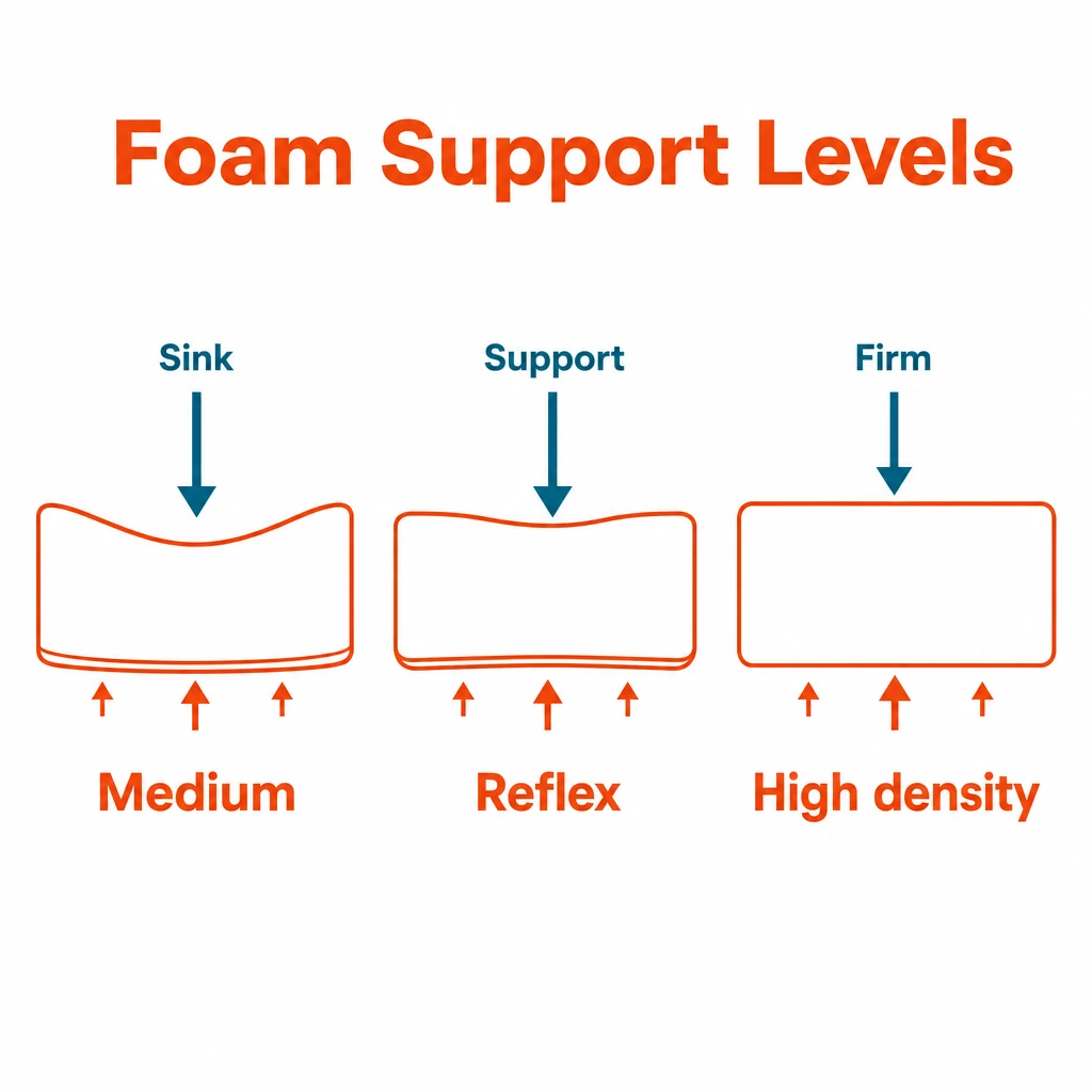 Graphic comparing medium, reflex and high density caravan seat foam support
