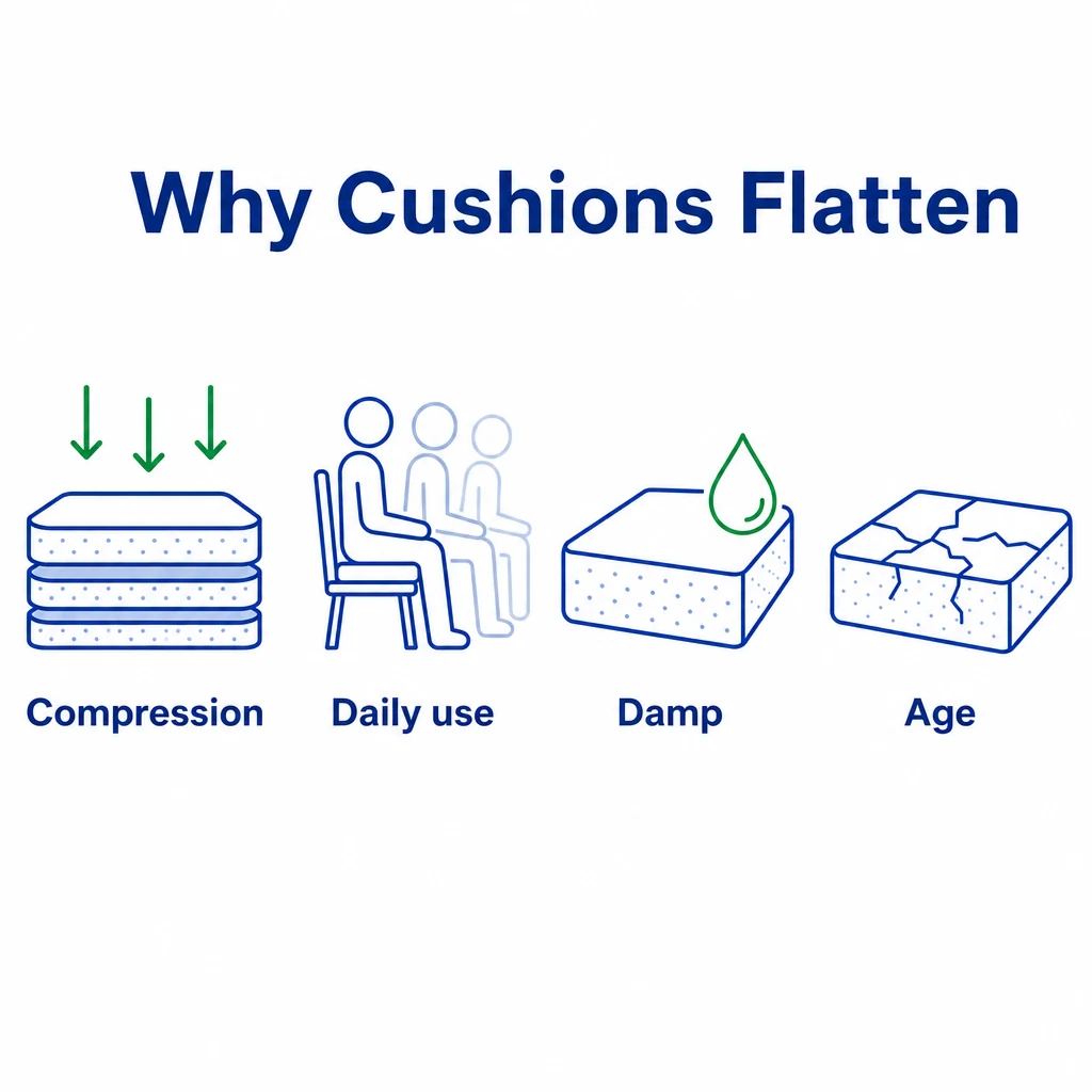 Graphic showing compression, daily use, damp and age as reasons caravan cushions flatten.