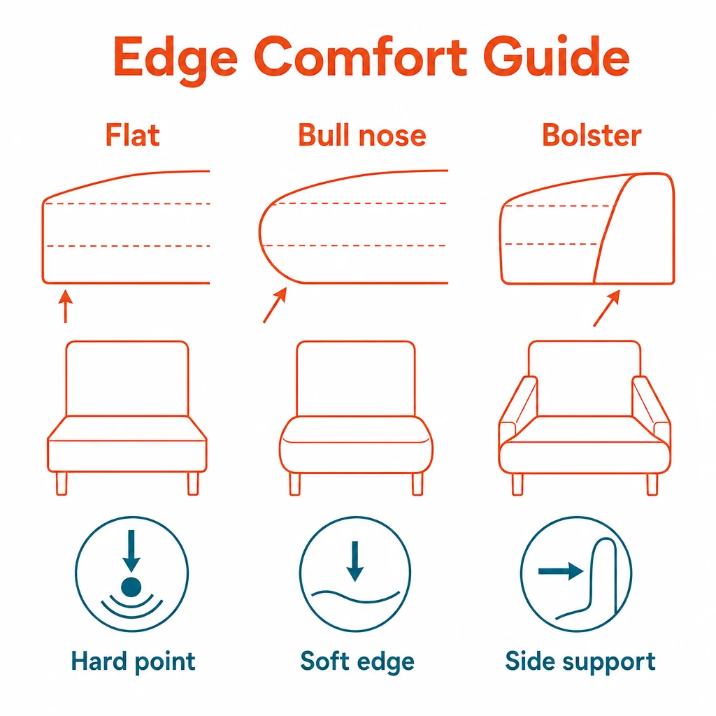 Graphic showing flat edges, bull-nose foam and bolsters for caravan cushions