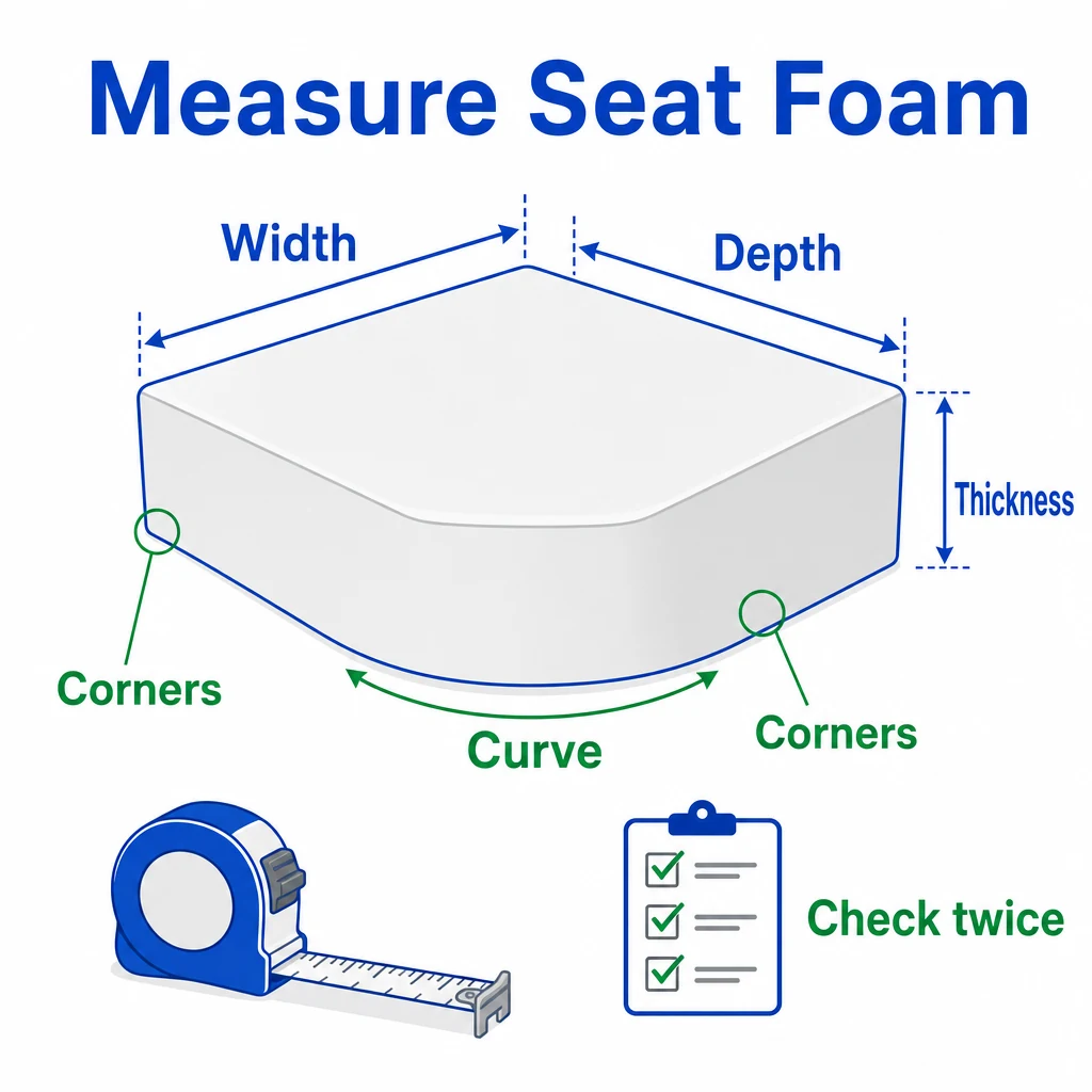 Graphic showing width, depth, thickness, curve and corner measurements for caravan seat foam.
