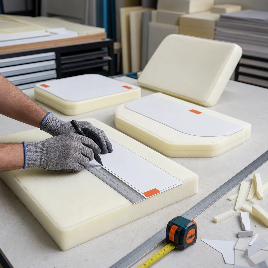 Individual caravan cushion shapes being measured from templates on a workshop table
