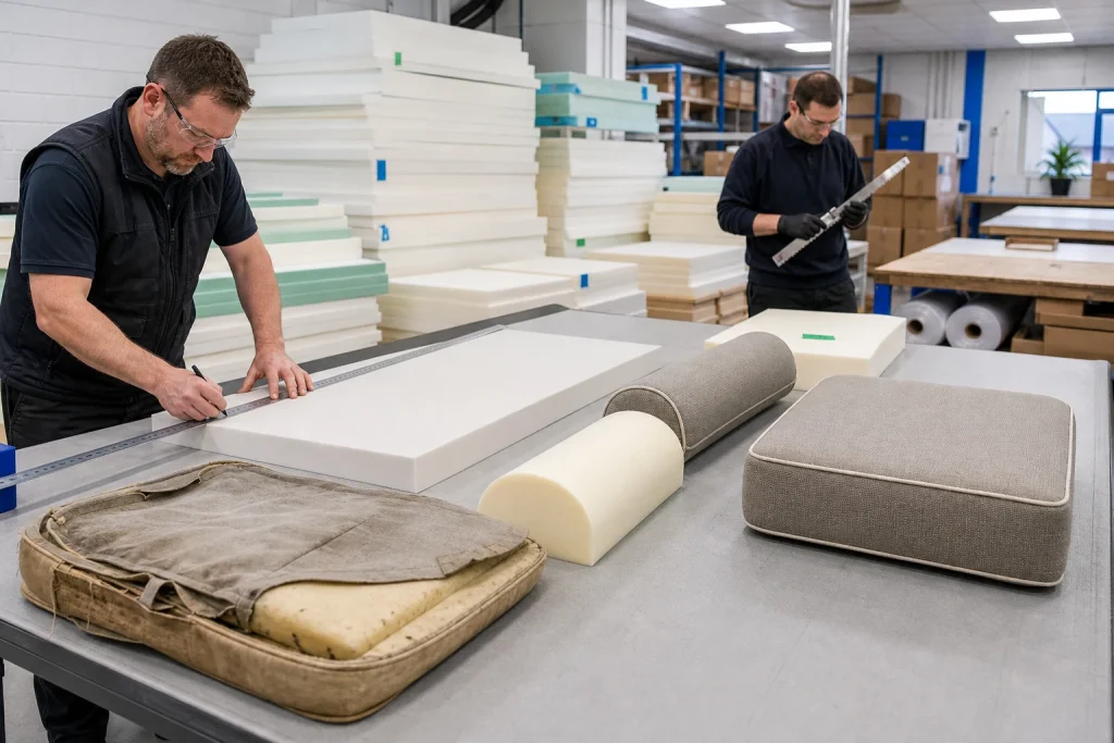 Workshop table with flattened caravan cushions and replacement foam being measured and cut.